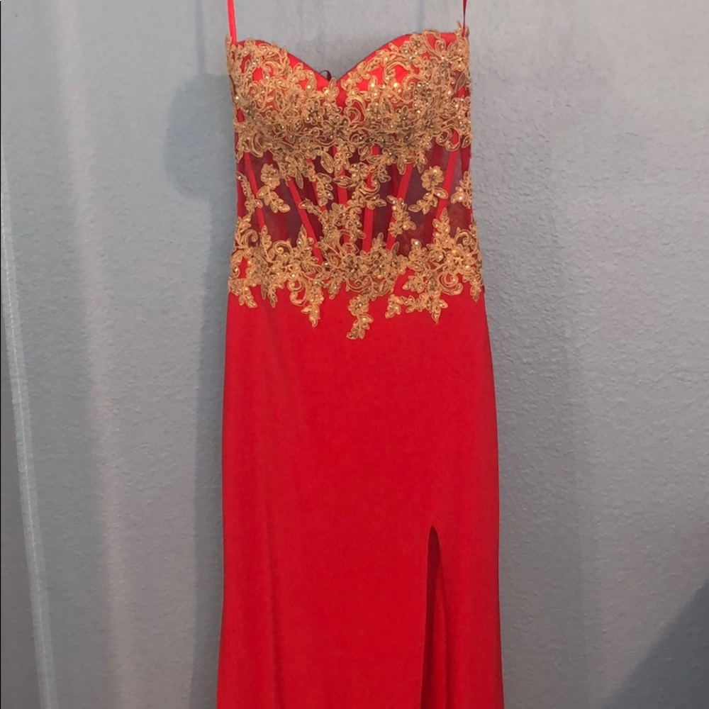Red mesh prom dress